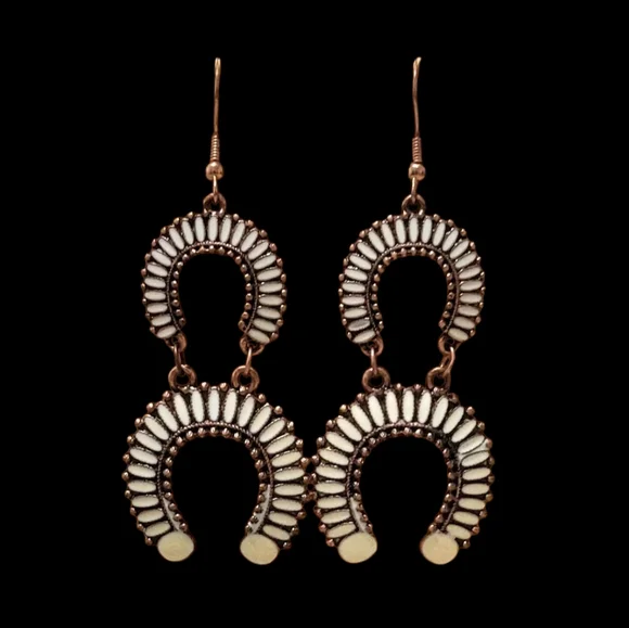 Western Cream And Copper Squash Blossom Earrings New - Picture 2 of 3